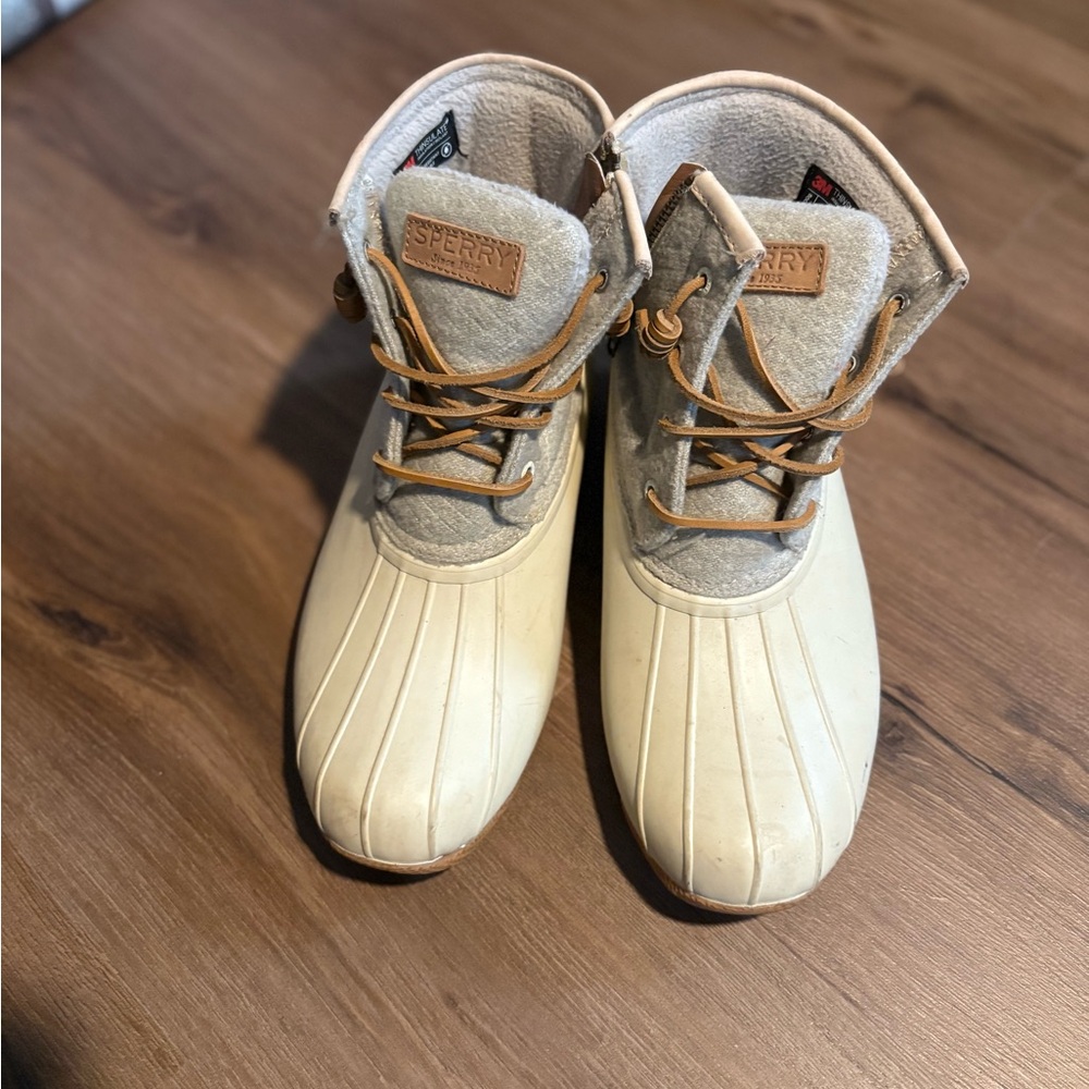 Sperry Cream and Gray Duck Boots